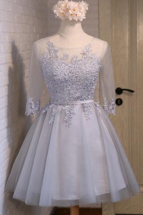 Grey Lace And Tulle Knee Length Style Prom Dresses , Formal Gowns, Bridesmaid Dresses