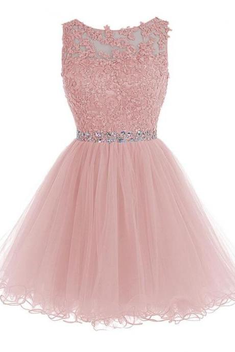 Lovely Soft Pink Short Prom Dress, Tulle And Lace Applique Beaded Tulle Party Dresses, Pink Homecoming Dress, Sweet Dresses