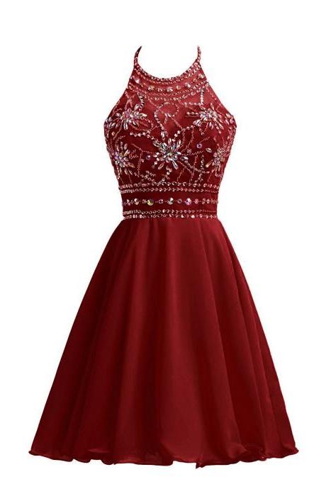 Wine Red Short Homecoming Dresses With Sparkle Tops, Beaded Chiffon Short Prom Dresses, Cute Dresses