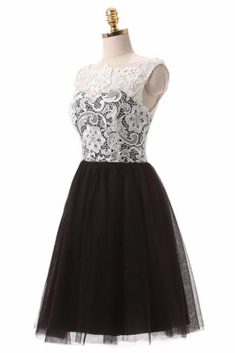 Lovely Black And White Lace And Tulle Knee Length Bridesmaid, Lace Short Prom Dresses, Tulle Homecoming Dresses