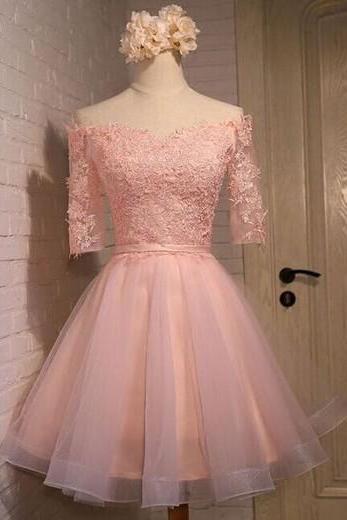 Cute Off Shoulder Light Pink Tulle Short Prom Dress With Lace Applique, Prom Dresses, Off Shoulder Homecoming Dresses