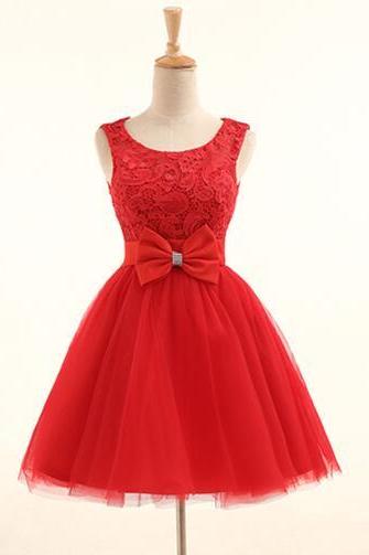 Adorable Red Lace And Tulle Knee Length Homecoming Dresses With Bow, Red Short Prom Dresses, Cute Sweet Dress