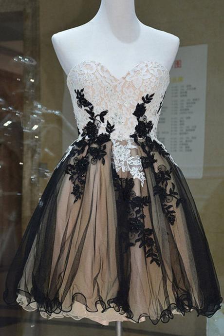 Cute Champagne And Black Short Sweetheart Party Dresses, Knee Length Prom Dresses, Sweet Dresses