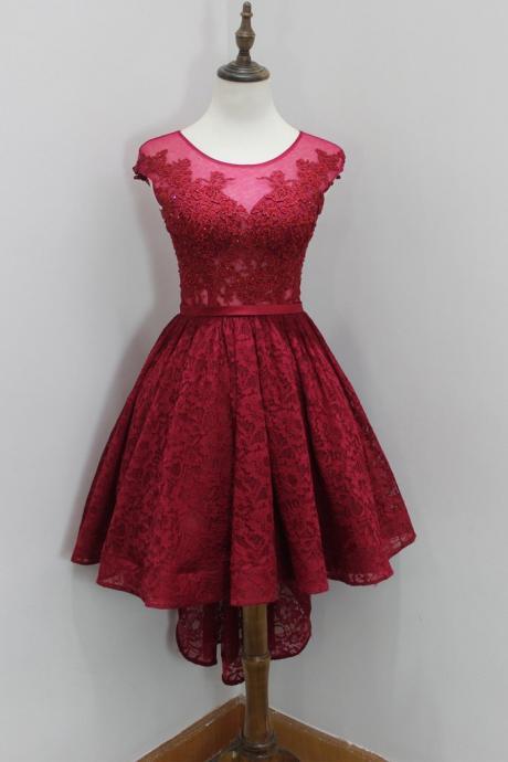 Lovely Wine Red Lace High Low Round Neckline Prom Dresses, Homecoming Dresses, High Low Formal Dresses