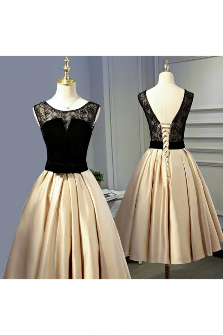 A Line Round Neck Satin Short Homecoming Dresses With Black Lace