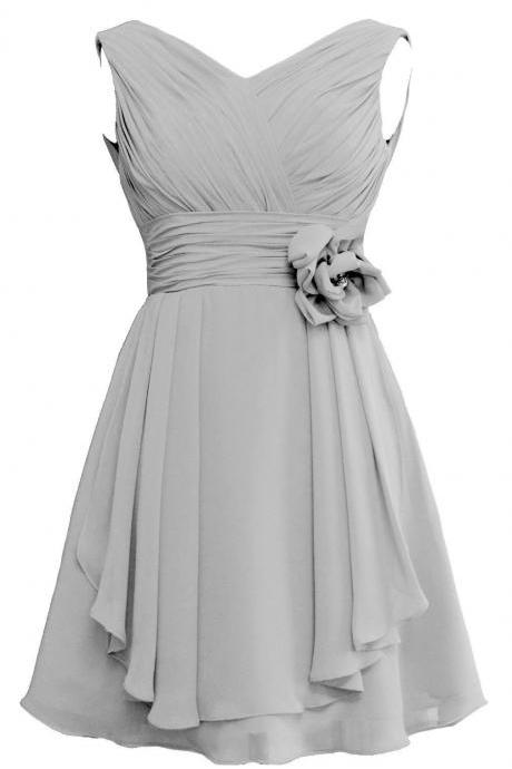 Simple Mini Short Homecoming Dress, V-neck with Flower Chiffon Cocktail Dress, Mini Short Prom Dress