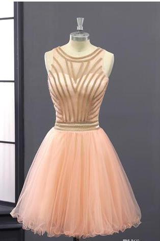 Short Homecoming Dresses, Sequined Sparkly Illusion Tulle Cocktail Party Gowns, High Quality Dress