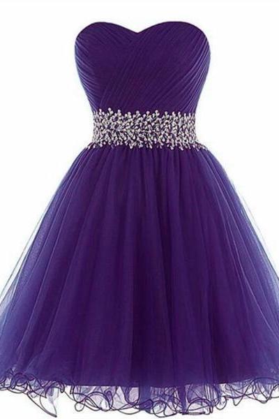 Purple Tulle Beaded And Sequins Short Homecoming Dress, Sweetheart Prom Dress