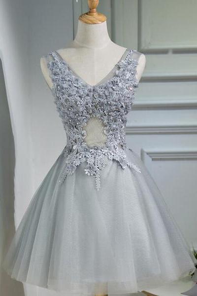 Beautiful Tulle V-neckline Lace Applique Beaded Short Party Dress, Homecoming Dresses