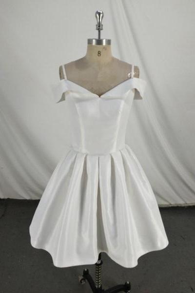 White Satin Simple Off Shoulder Formal Dress , Short Formal Dresses