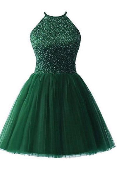 Cute Halter Beaded Green Tulle Formal Dress , Dark Green Homecoming Dresses
