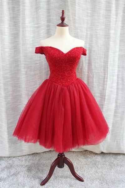 Beautiful Red Off Shoulder Knee Length Homecoming Dress, Chic Party Dress
