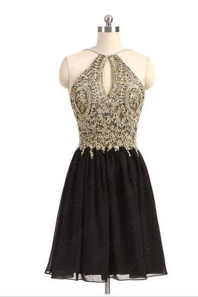 Lovely Short Black Chiffon And Gold Lace Halter Homecoming Dresses, Short Prom Dresses