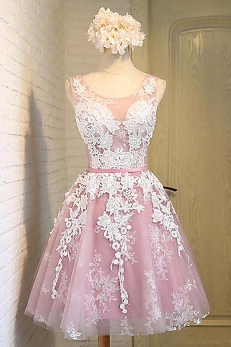 Pink Homecoming Dresses With White Lace, Homecoming Party Gowns, Evening Dress