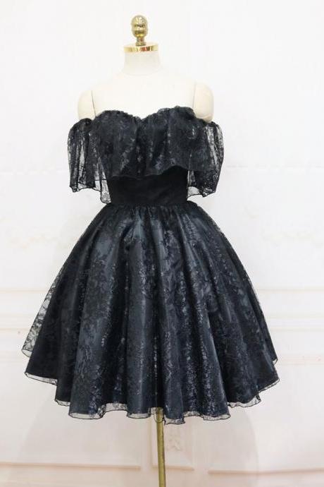 Black Sweetheart Tulle Short Lace Prom Dress, Lace Homecoming Dress