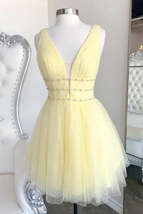 Cute Yellow V Neck Tulle Beads Short Prom Dress, Yellow Homecoming Dress
