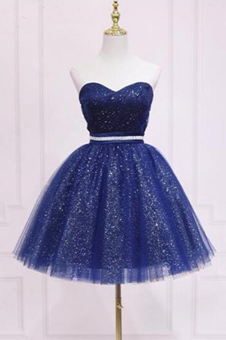 Shiny Strapless Sweetheart Neck Blue Short Homecoming Dress With Belt