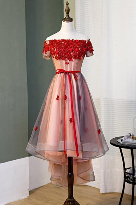 Tulle Strapless High Low Prom Dress, Homecoming Dress With Red Applique