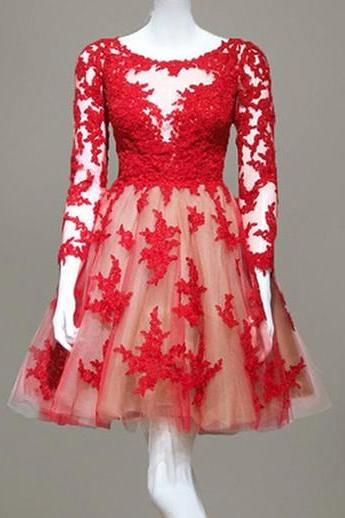 Red Lace O-neck Homecoming Dresses ,long Sleeve Graduation Dresses,homecoming Dress