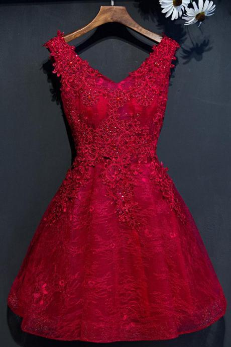 Burgundy V Neck Lace Short Prom Dress, Burgundy Homecoming Dress