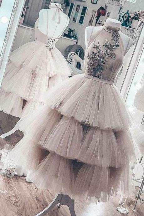 Unique High Neck Tulle Short Prom Dress, Tulle Evening Dress