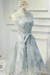 Vintage Sleeveless Round Neck Keyhole Lace Up Back Bow Sash Printing Tulle Knee Length Homecoming Dress