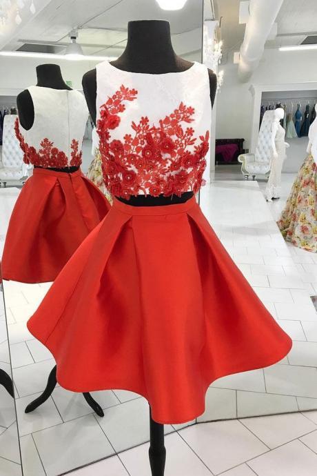 Red Two Piece Homecoming Dresses,cute Appliqued Satin Homecoming Gown,short Prom Dress