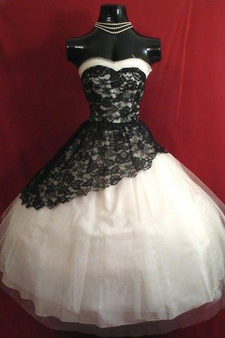 Retro Tea Length Short Ball Gown Dress With Black Lace Overlay