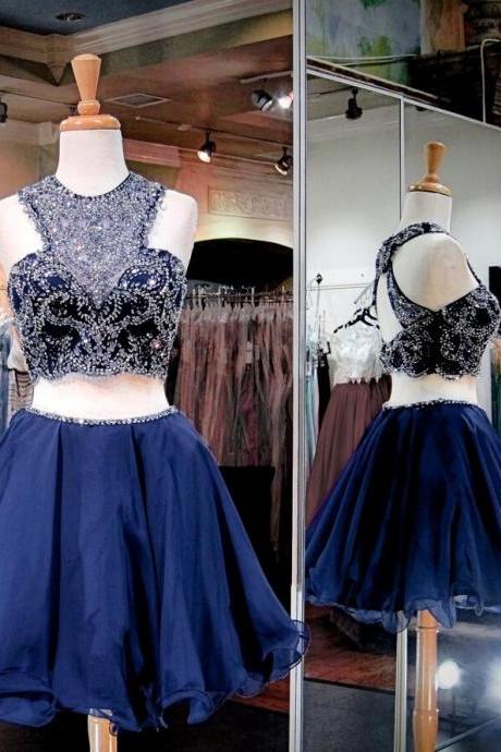Two Pieces Navy Homecoming Dresses, Luxury Rhinestone Homecoming Dresses, Navy Homecoming Dresses