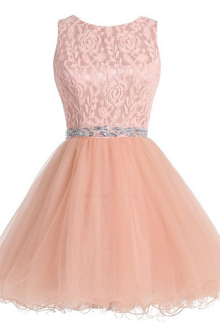 Simple Peach Short Prom Dresses,open Back Tulle Homecoming Dress,lace Party Gowns With Beaded