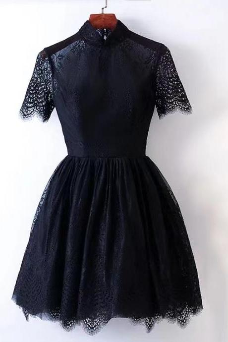 Black Evening Dress, Style, Lace Short Homecoming Dress, High Neck Party Dress