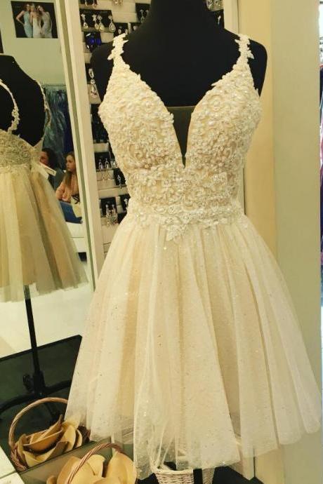 Lace V Neckline Homecoming Dress, Appliques With Pearls Mini Homecoming Dresses,beaded Champagne Prom Dresses Short