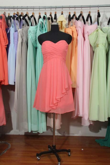 Coral Sweetheart Neckline Chiffon Short A-line Evening Dress With Cascading Skirt, Bridesmaid Dresses, Prom Dresses