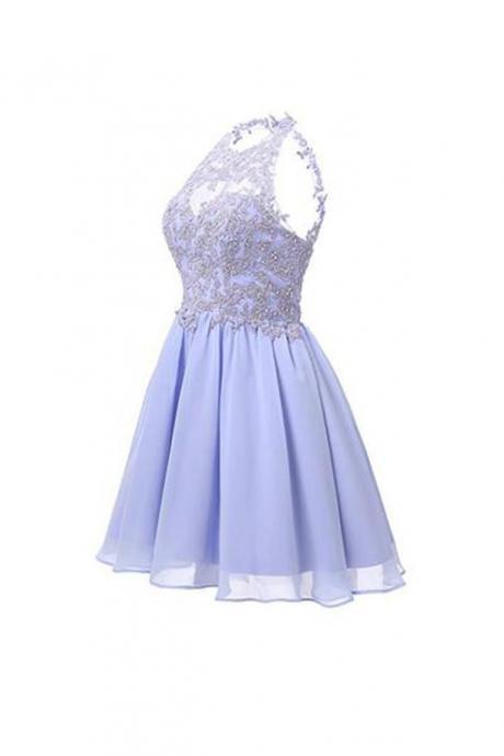 Sexy Sleeveless Prom Dress, Appliques Lavender Tulle Prom Dresses, Short Homecoming Dress