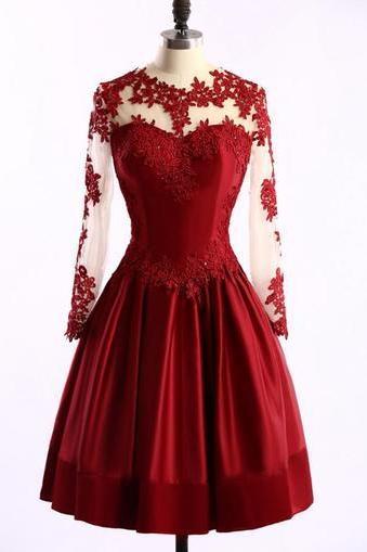 Short Prom Dress,sexy Prom Dress,long Sleeve Burgundy Prom Gown,appliques Party Dress