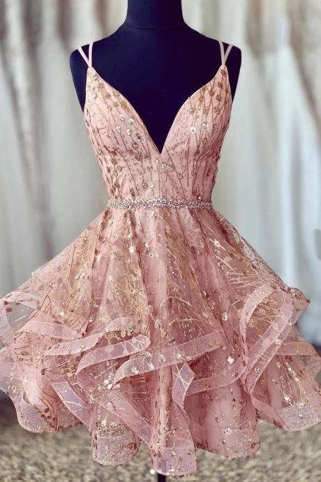 Sequin Pink Lace Tulle Short Prom Dress, Open Back Homecoming Dress,graduation Dress