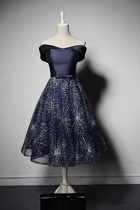 Off Shoulder Navy Blue Homecoming Dress, Lace Bronzing Tulle Evening Dress, Fashion Long Bouffant Dress