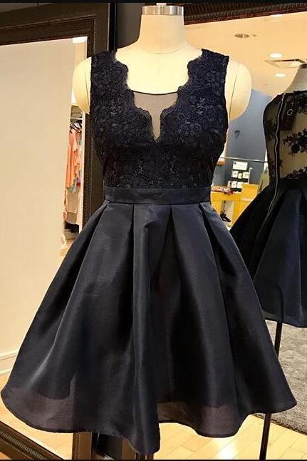 Short Black Homecoming Dress, Princess Homecoming Dresses, Crew Neck Lace Homecoming Gowns