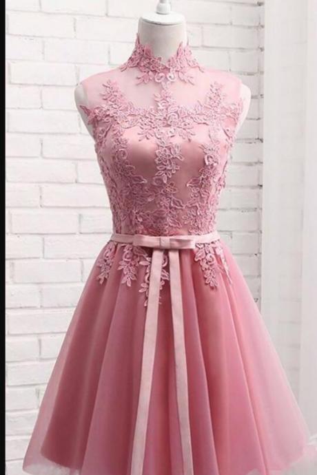 Off Shoulder Pink Tulle High Neck Short Homecoming Dress, Mini Prom Party Gowns ,junior Party Dress