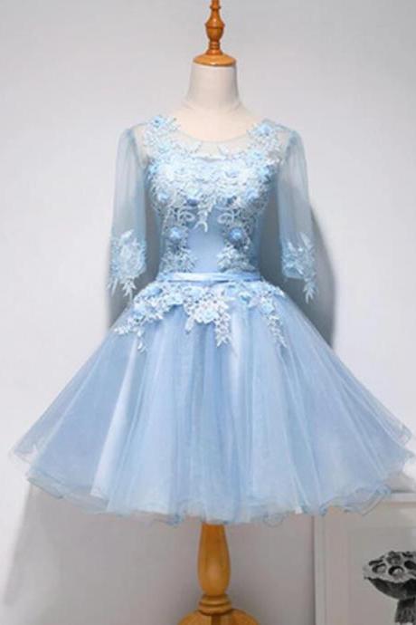 Sexy A Line Blue Tulle Lace Short Prom Party Dress With Long Sleeve, Short Homecoming Party Dress,sweet Prom Gowns