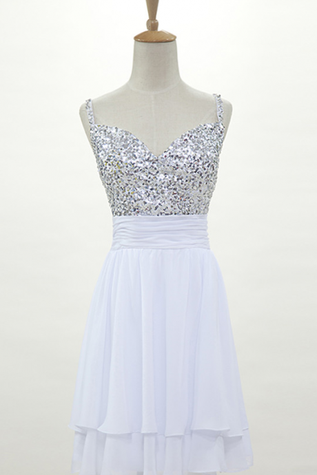 Sexy Beaded White Chiffon Short Homecoming Dress, A Line Women Party Gowns ,short Cocktail Gowns, Junior Party Dress