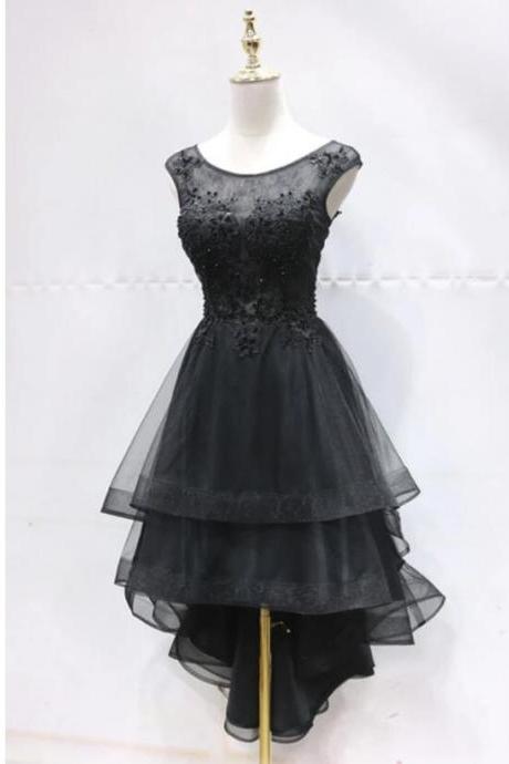 Black Tulle Lace Scoop Neck High Low Homecoming Dress, A Line Party Gowns, Party Gown