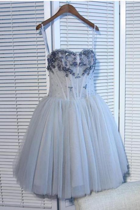 Gray Tulle Beaded Short Homecoming Dress, Sweet Prom Gowns ,short Cocktail Party Gowns ,junior Party Dress For Girls
