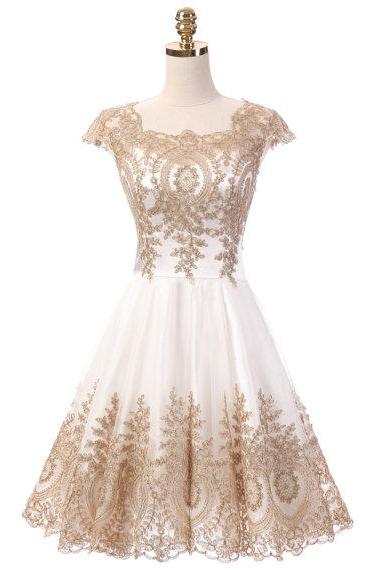 Chic Short White Tulle Homecoming Dress With Gold Lace, Prom Party Gowns ,short Cocktail Dress, Short Party Gowns For Weddings