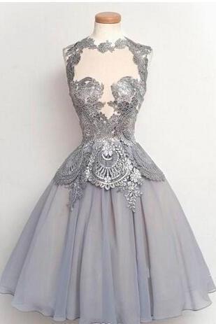 Gray Homecoming Dresses, Lace Applique Sheer Neck Evening Gowns, Chiffon Knee Length Formal Party Dresses