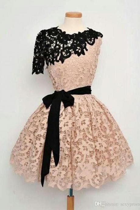 Black And Champagne Lace Prom Dresses, One Shoulder Knee Length Short Evening Gowns With Ribbon Sashes, Homecoming Formal Party Dresses