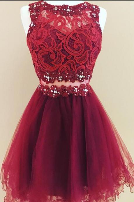 Lace A-line O-neck Homecoming Dresses, Short Prom Dresses, Homecoming Dresses, Graduation Dress
