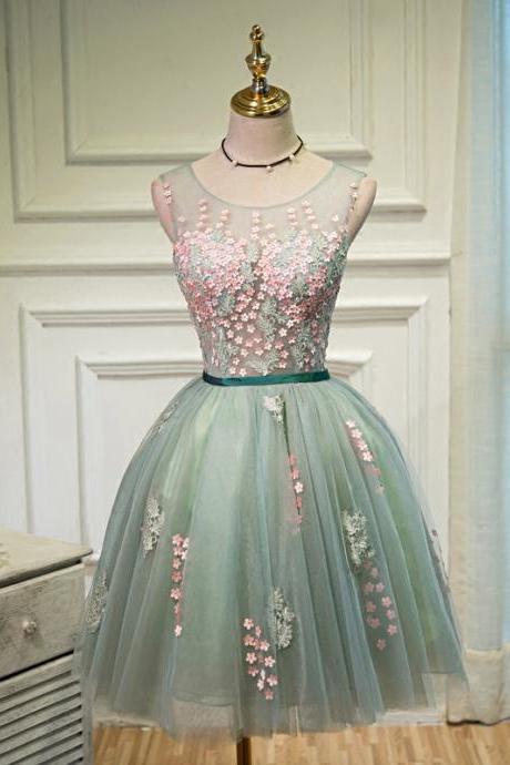 Elegant A-line Scoop Homecoming Dress With Flowers,sleeveless Open-back Short Homecoming Dress With Appliques,tulle Party Dress,short Prom Dress