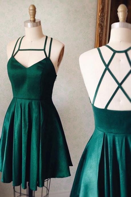 A-line Halter Keyhole Criss-cross Straps Homecoming Dresses,short Dark Green Satin Homecoming Gown,v-neck Ruched Mini Dress