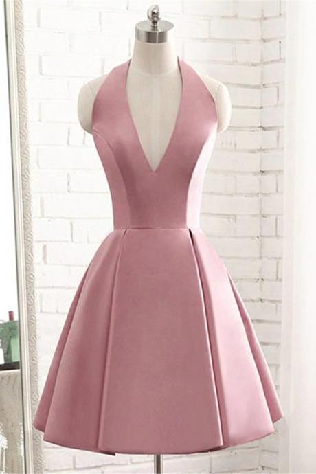 V Neck Pink Satin Halter Knee Length Party Dress Pink Homecoming Dress
